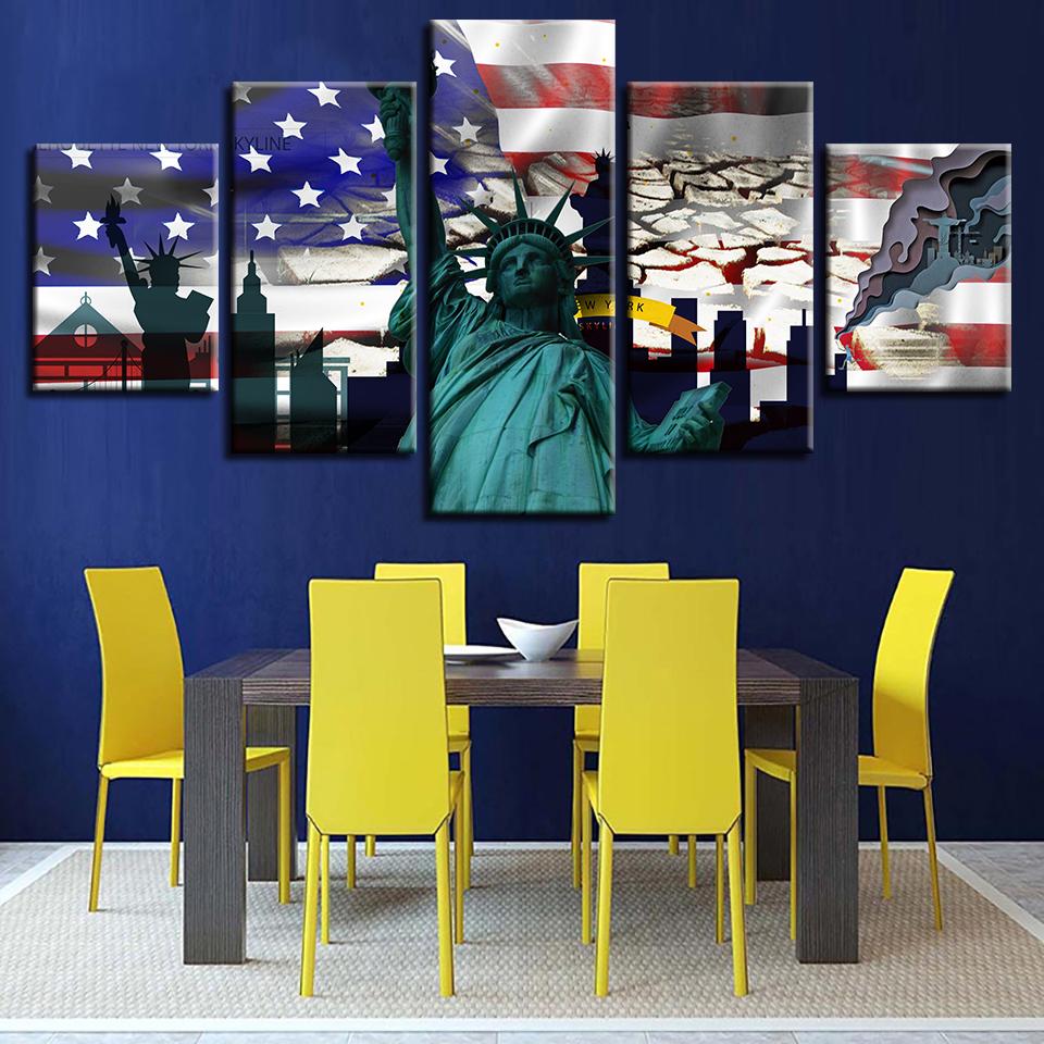 american flag and statue of liberty 2 abstract 5 panel canvas art wall decor 2482