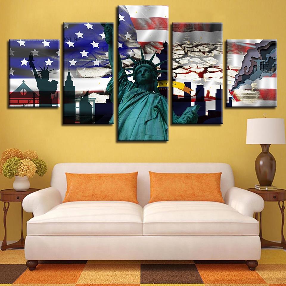 american flag and statue of liberty 2 abstract 5 panel canvas art wall decor 2780