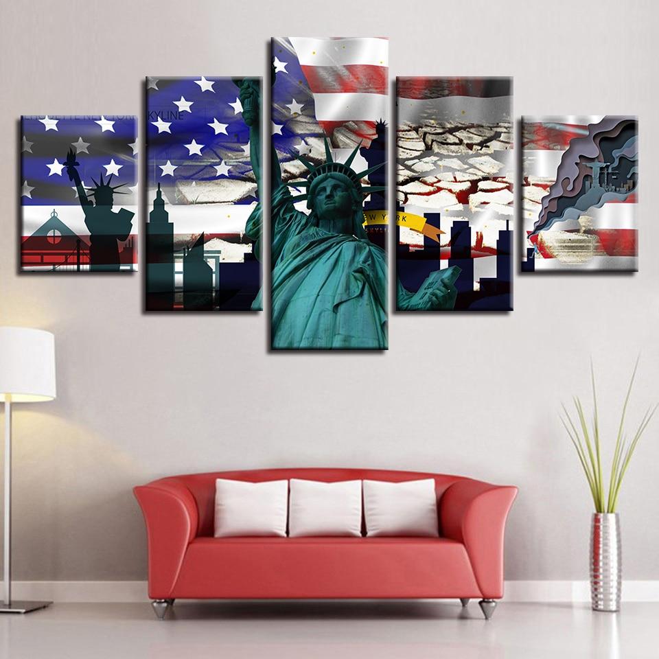 american flag and statue of liberty 2 abstract 5 panel canvas art wall decor 3636