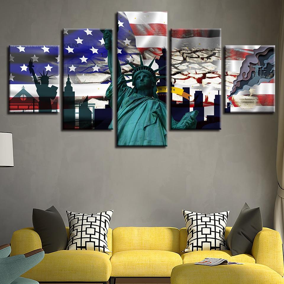 american flag and statue of liberty 2 abstract 5 panel canvas art wall decor 4250