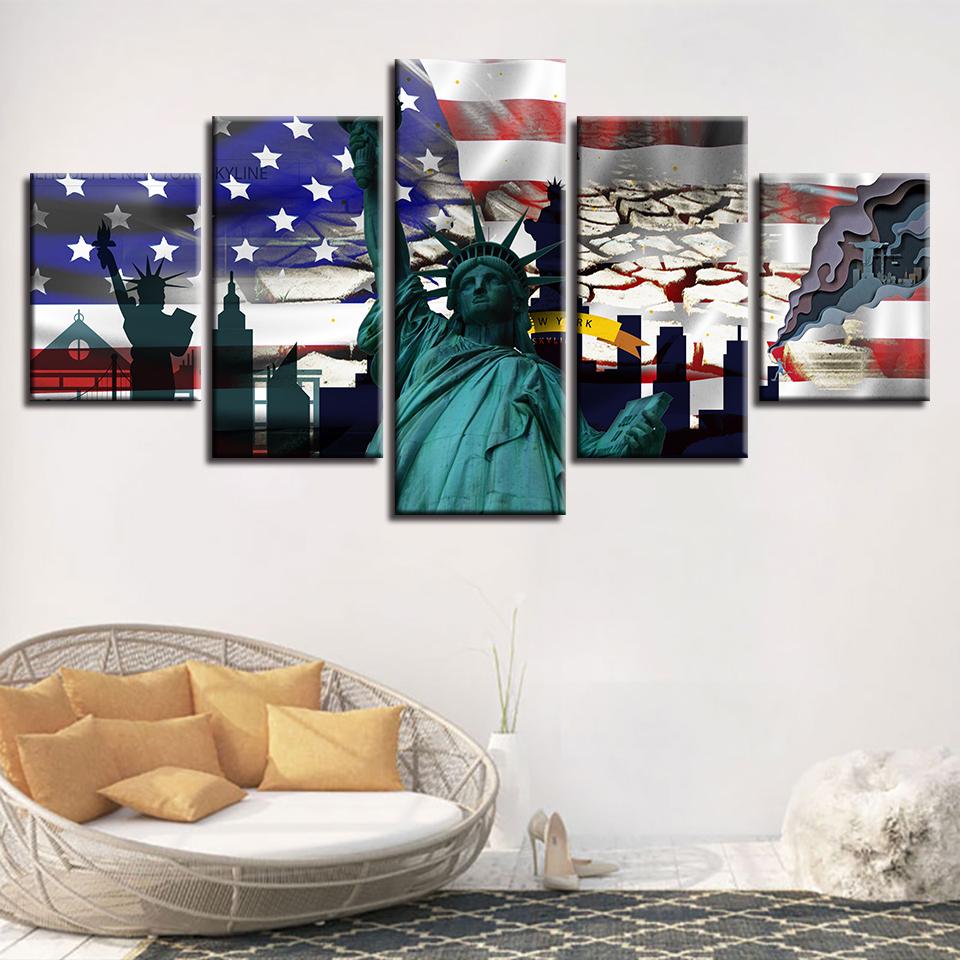 american flag and statue of liberty 2 abstract 5 panel canvas art wall decor 6383