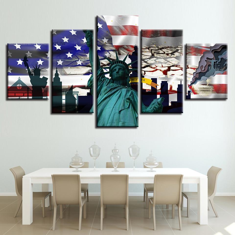 american flag and statue of liberty 2 abstract 5 panel canvas art wall decor 7479