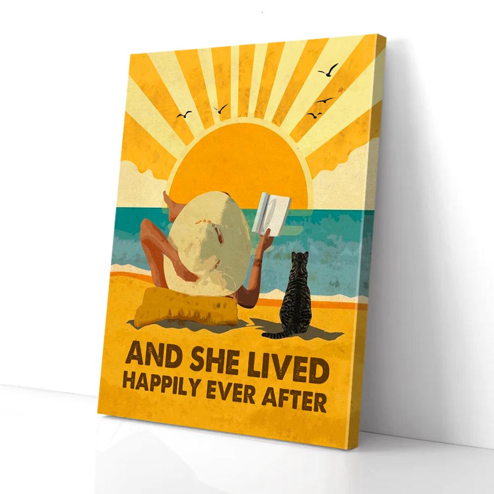 and she lived happily ever after beach and cat canvas prints wall art decor 4830
