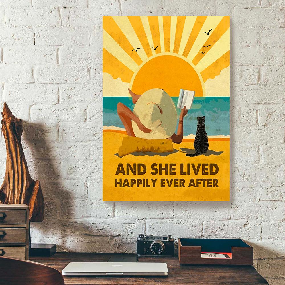 and she lived happily ever after beach and cat canvas prints wall art decor 6453