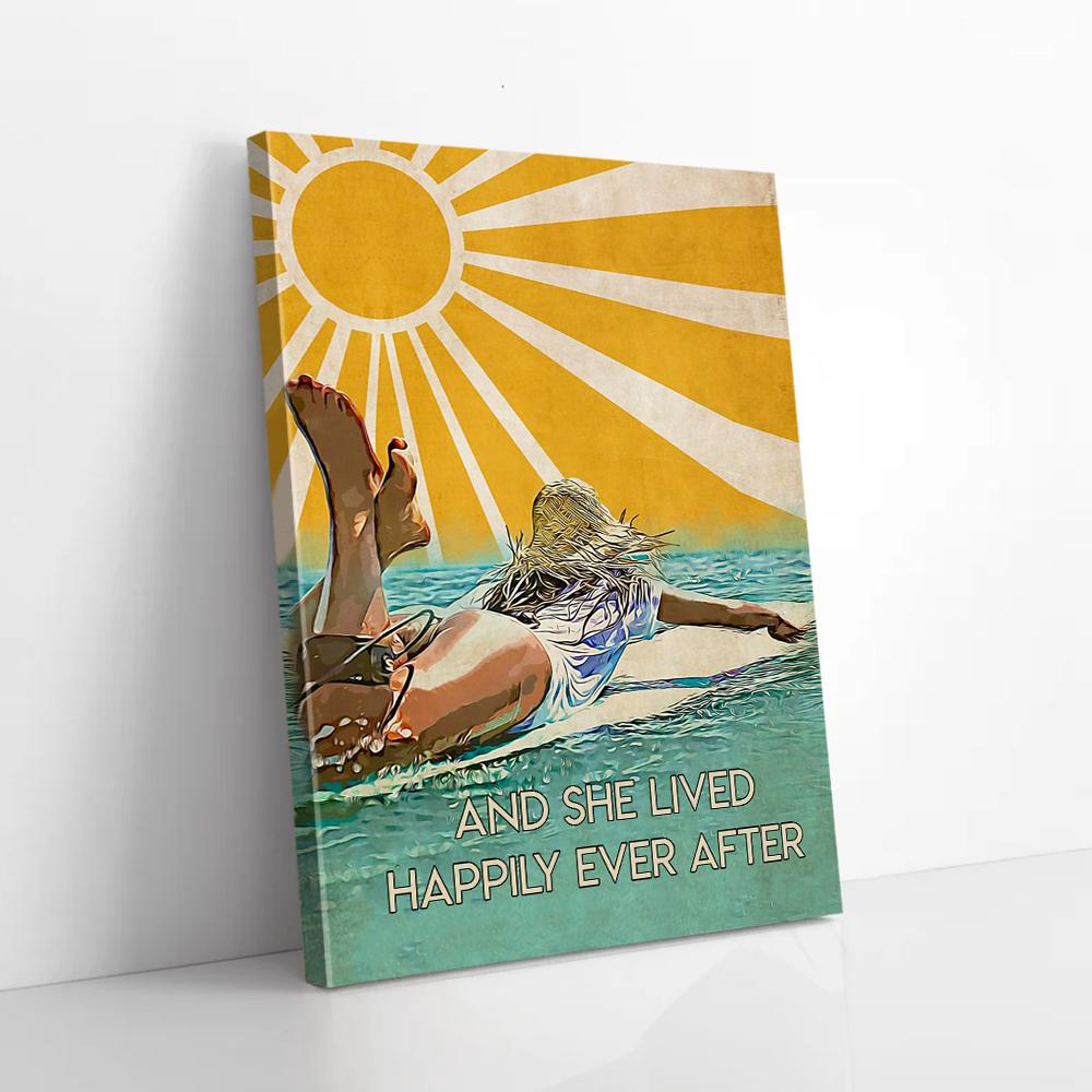 and she lived happily ever after surfing girl canvas prints wall art decor 8733