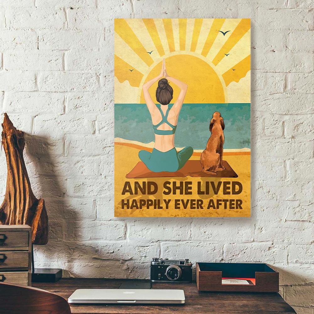 and she lived happily ever after yoga with dog canvas prints wall art decor 4283