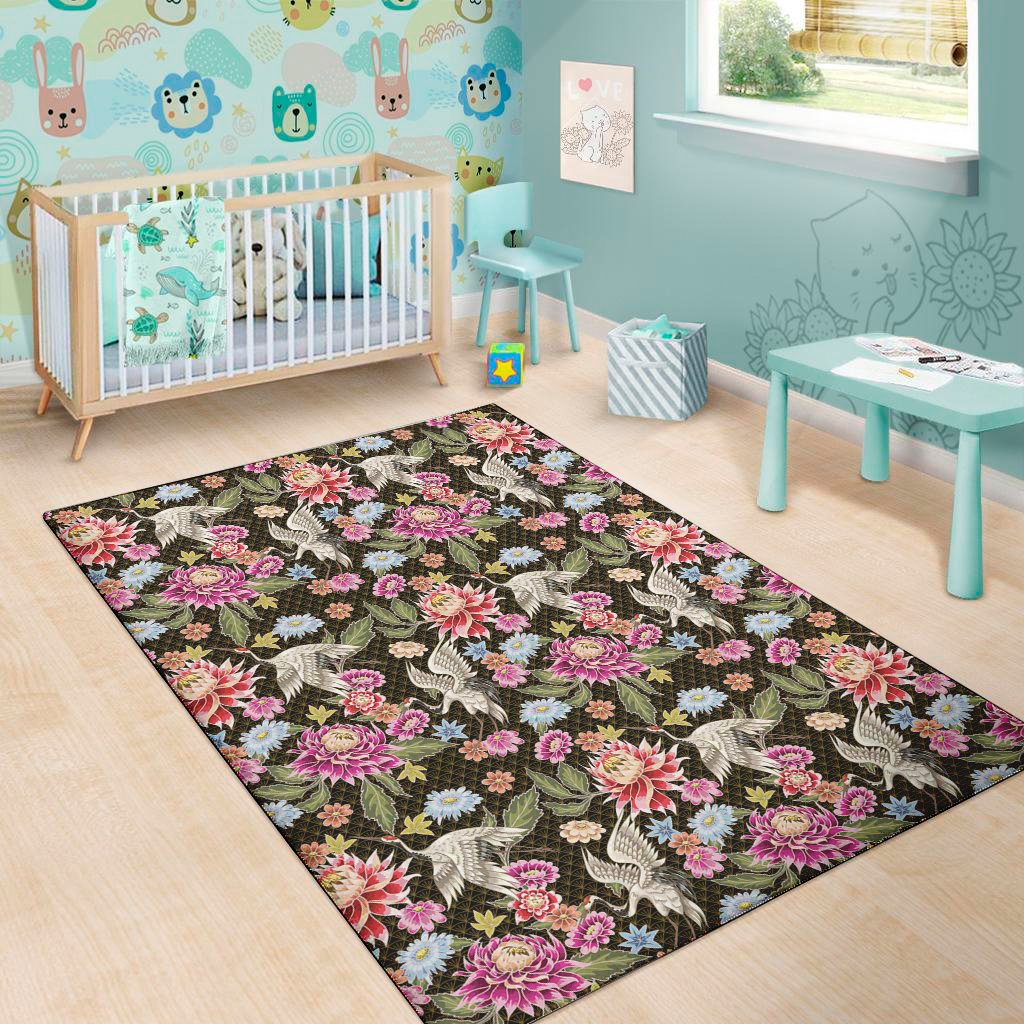 asian crane bird pattern print area rug floor decor 8294