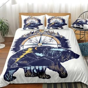 bear compass on white duvet cover bedding set 5830