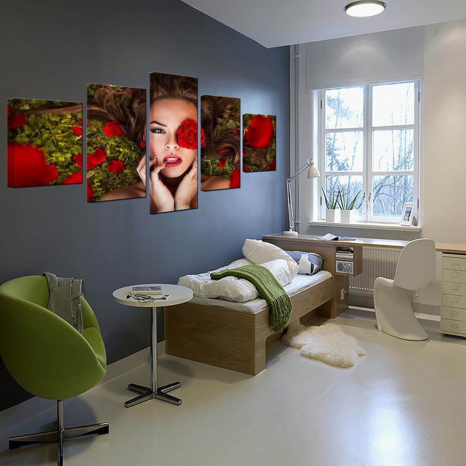 beautiful amazing woman with red roses flowers abstract 5 panel canvas art wall decor 1070