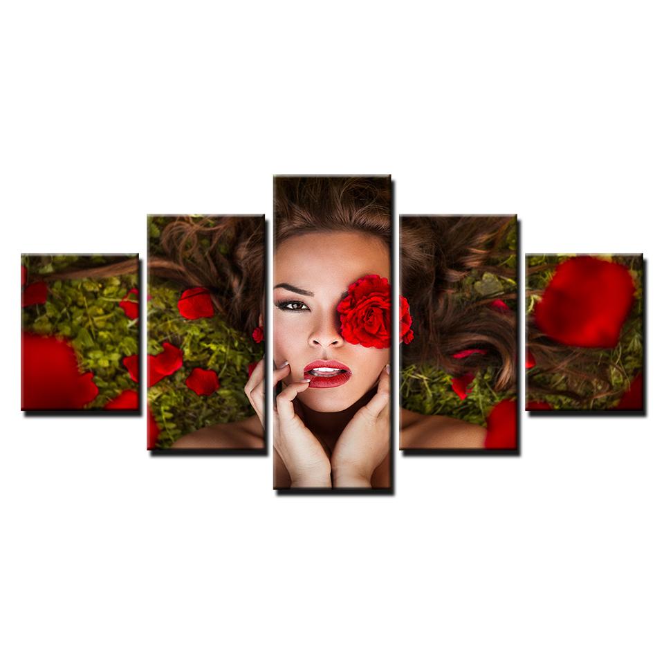 beautiful amazing woman with red roses flowers abstract 5 panel canvas art wall decor 2964