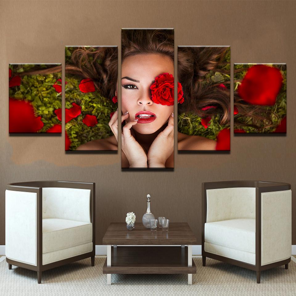 beautiful amazing woman with red roses flowers abstract 5 panel canvas art wall decor 7663