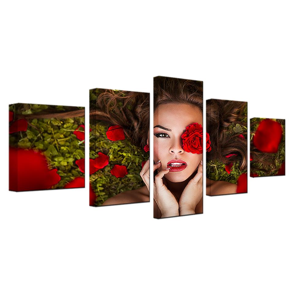 beautiful amazing woman with red roses flowers abstract 5 panel canvas art wall decor 8471