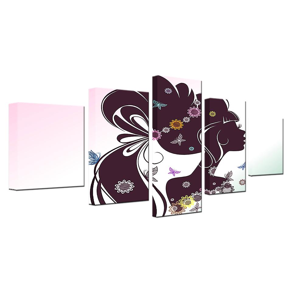 Beautiful Long Hair Flower Girl Silhouette - Abstract 5 Panel Canvas Art Wall Decor beautiful long hair flower girl silhouette abstract 5 panel canvas art wall decor 2631