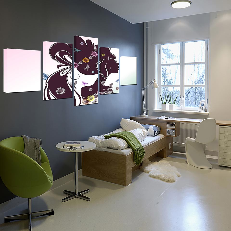 Beautiful Long Hair Flower Girl Silhouette - Abstract 5 Panel Canvas Art Wall Decor beautiful long hair flower girl silhouette abstract 5 panel canvas art wall decor 3025