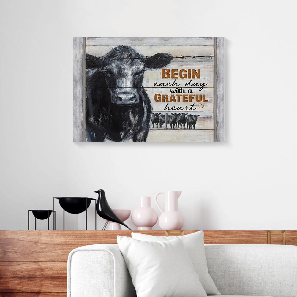 begin each day with a grateful heart angus cow canvas prints wall art decor 4832