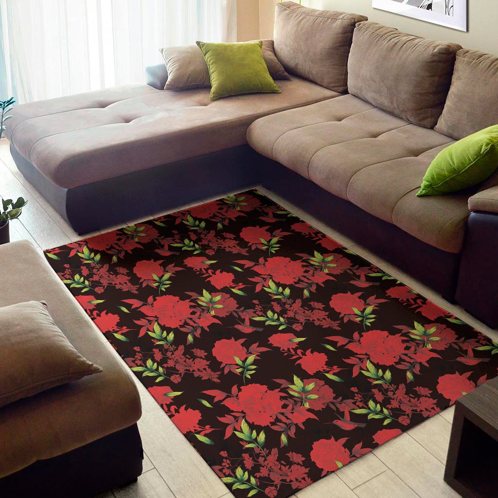 Black And Red Roses Floral Print Area Rug Floor Decor black and red roses floral print area rug floor decor 3259