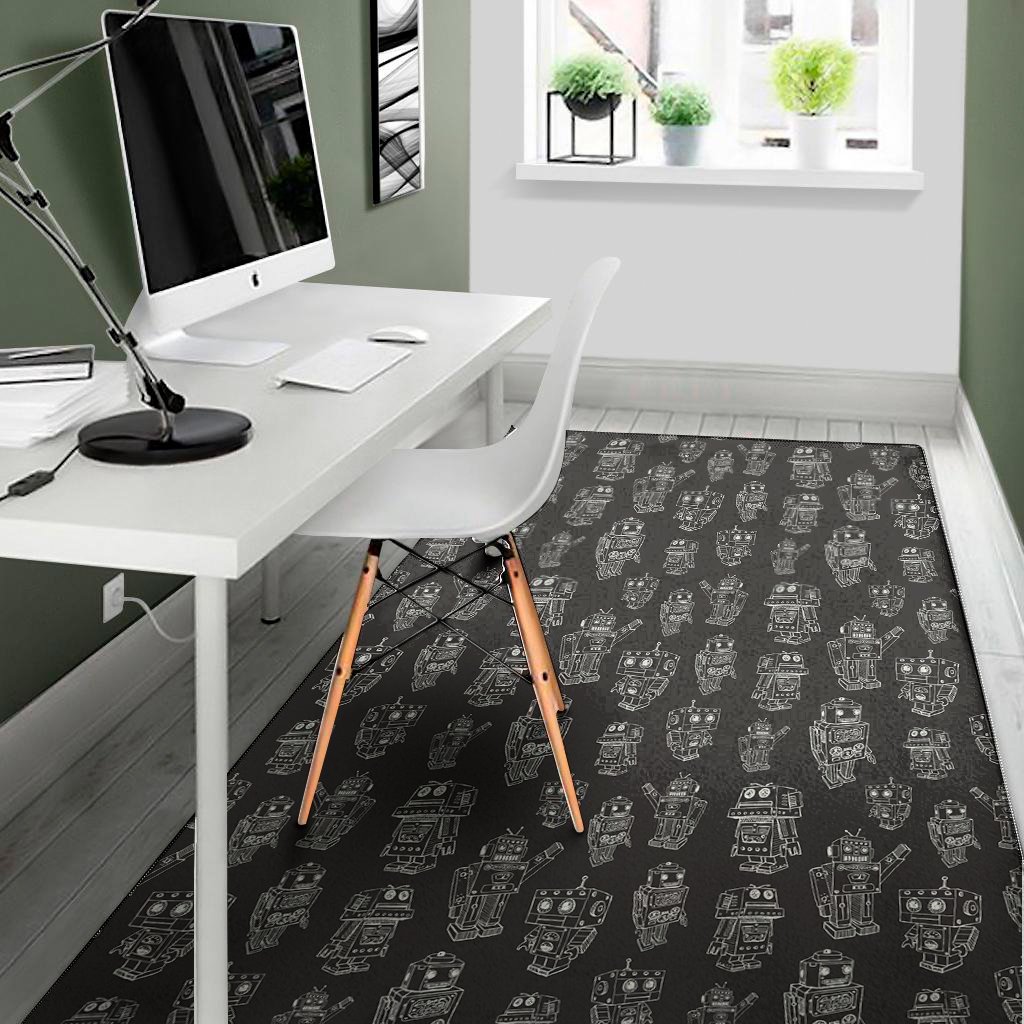 black and white robot pattern print area rug floor decor 3537