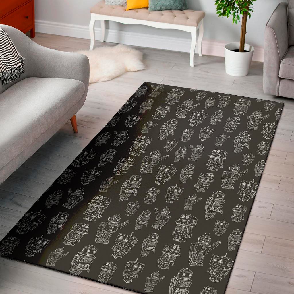 black and white robot pattern print area rug floor decor 4842