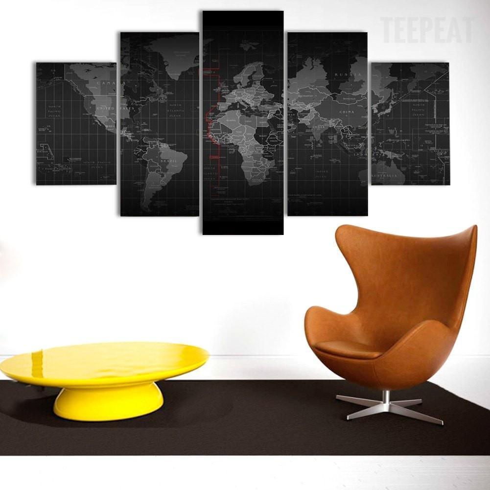 black and white time zone world map abstract 5 panel canvas art wall decor 2789