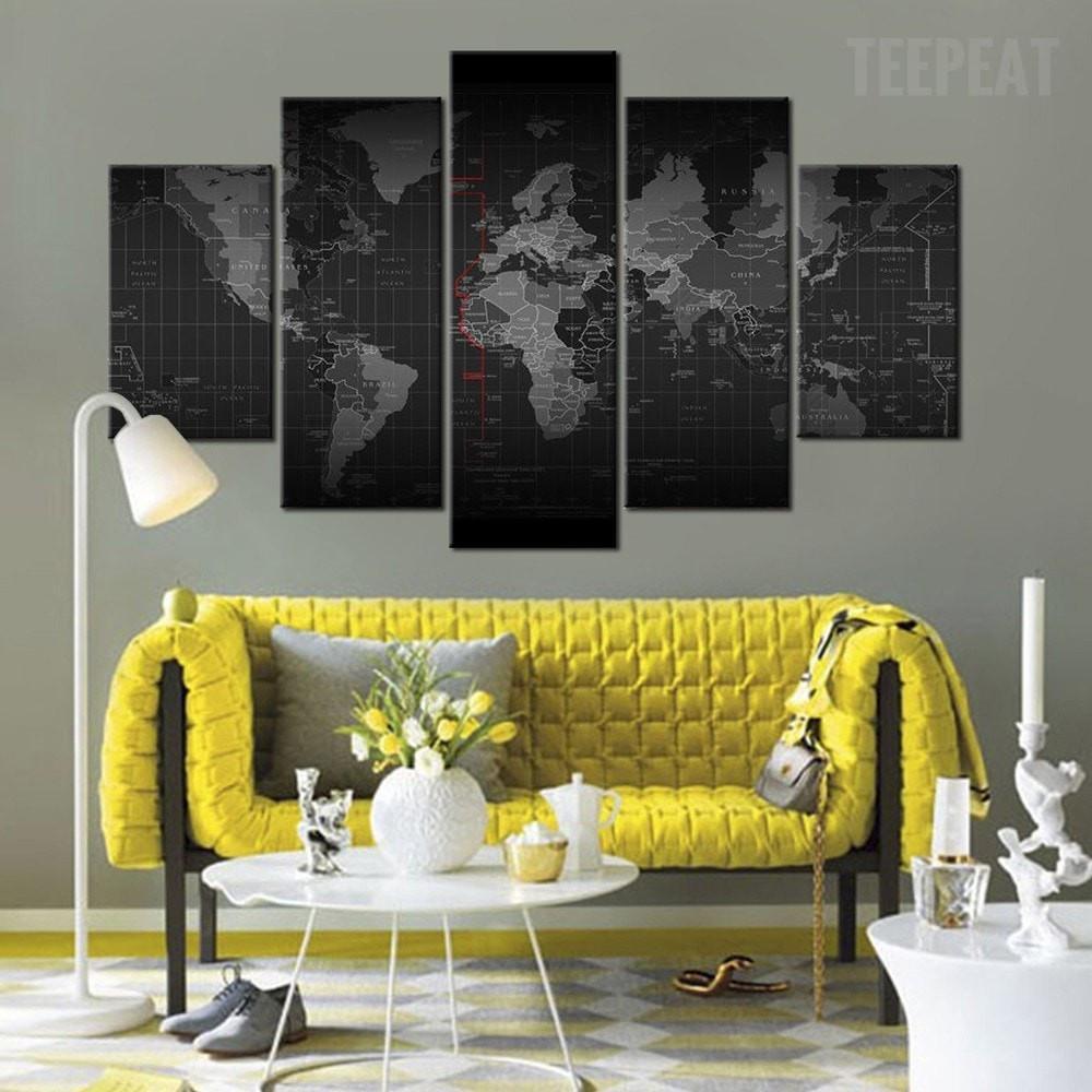 black and white time zone world map abstract 5 panel canvas art wall decor 3605