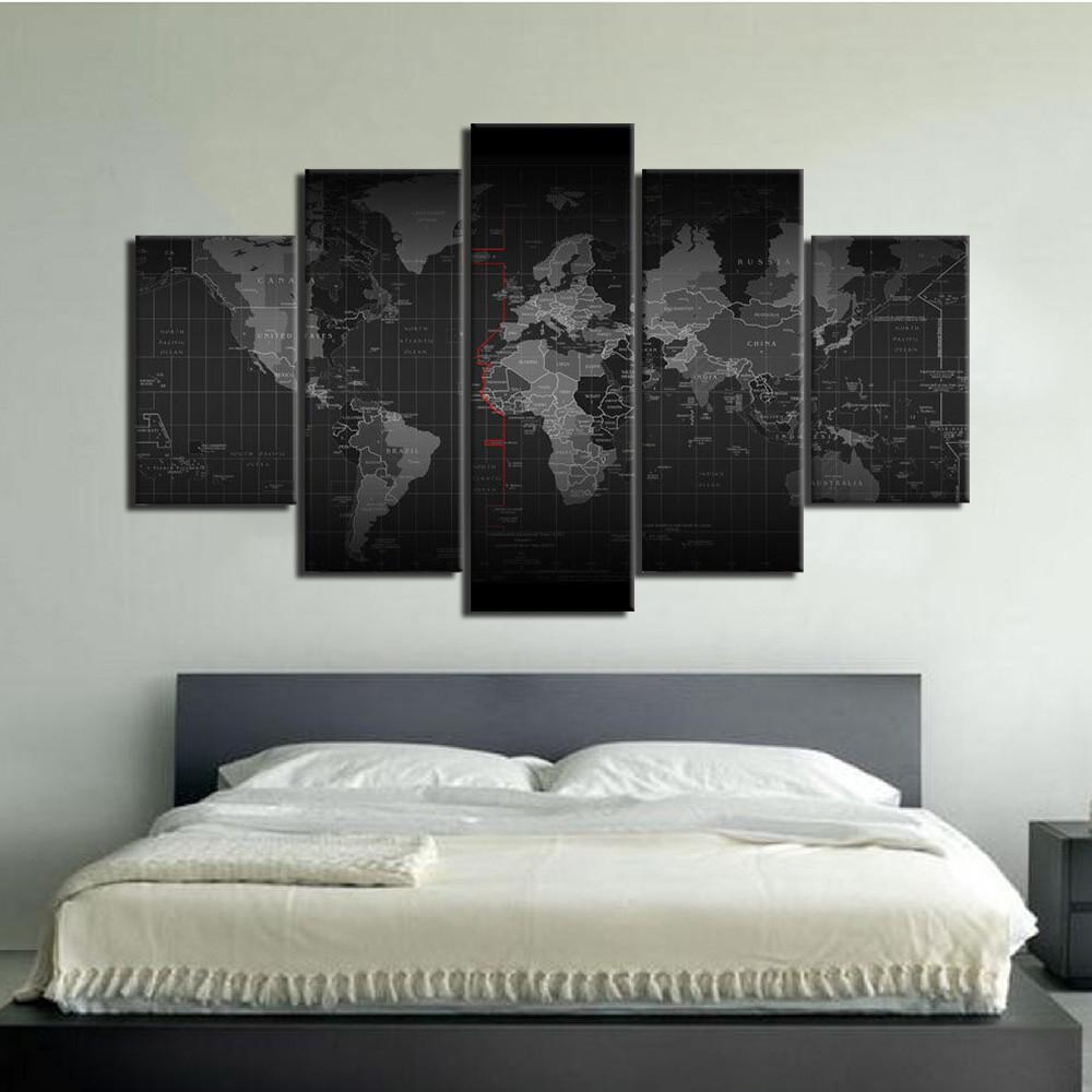 black and white time zone world map abstract 5 panel canvas art wall decor 5095