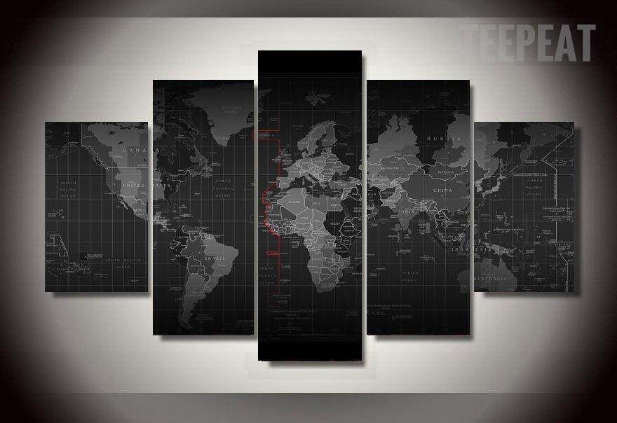 black and white time zone world map abstract 5 panel canvas art wall decor 6544