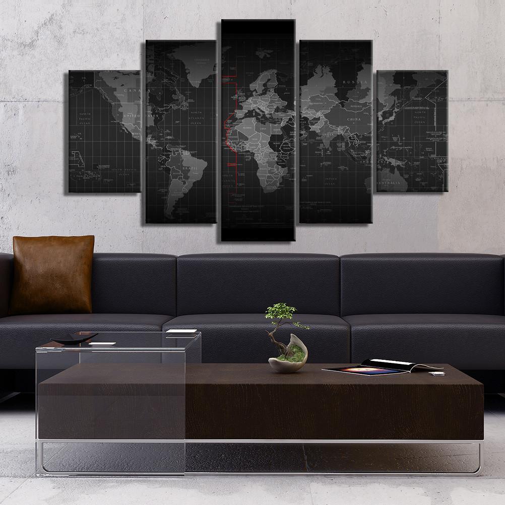 black and white time zone world map abstract 5 panel canvas art wall decor 7086