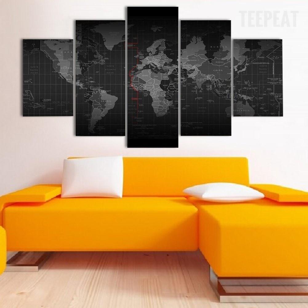 black and white time zone world map abstract 5 panel canvas art wall decor 8198