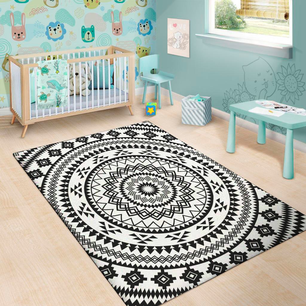 black and white tribal mandala print area rug floor decor 2866