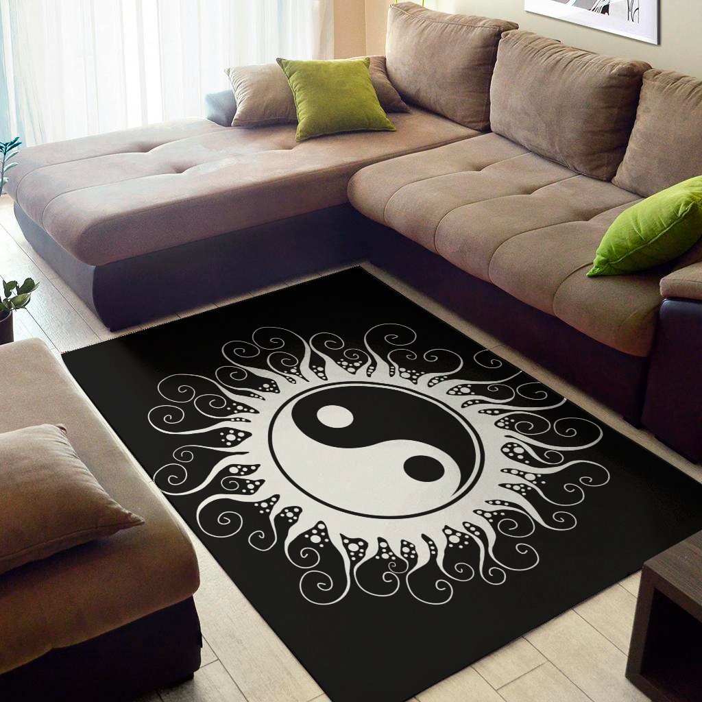 black and white yin yang sun print area rug floor decor 4444