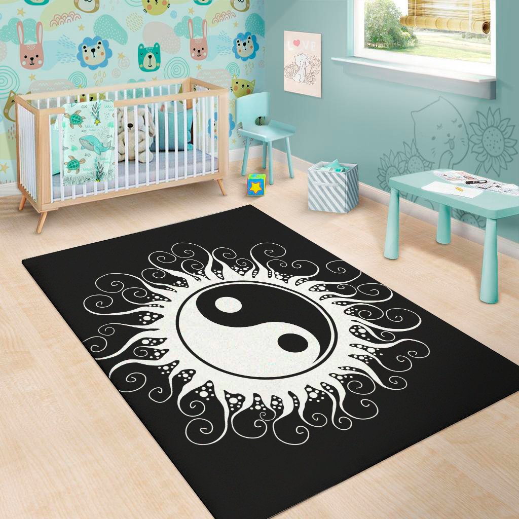 black and white yin yang sun print area rug floor decor 8904