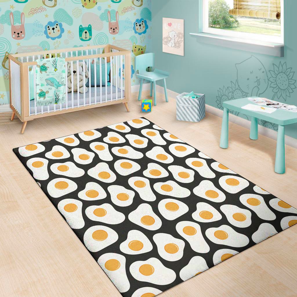 black fried eggs pattern print area rug floor decor 8483