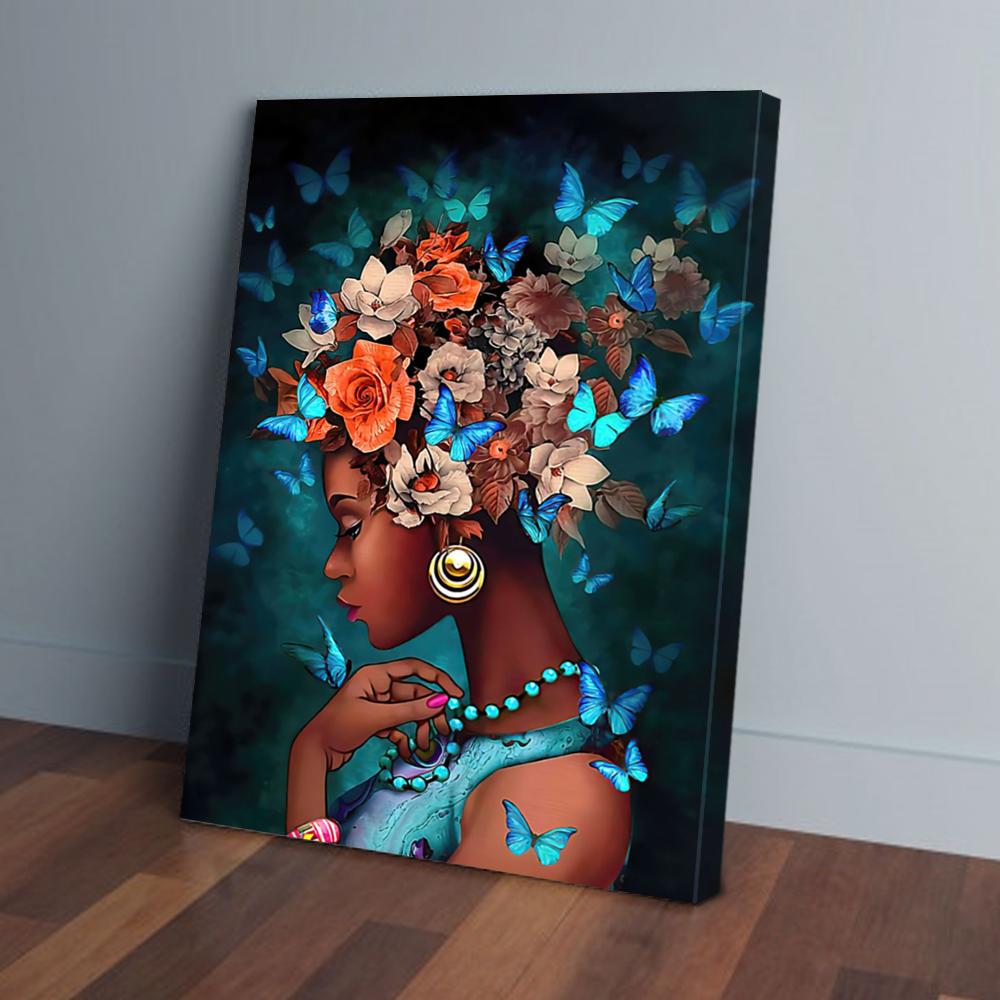 black girl blue butterfly canvas prints wall art decor 2672