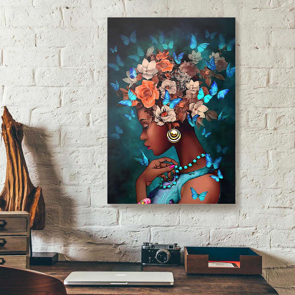 black girl blue butterfly canvas prints wall art decor 2868