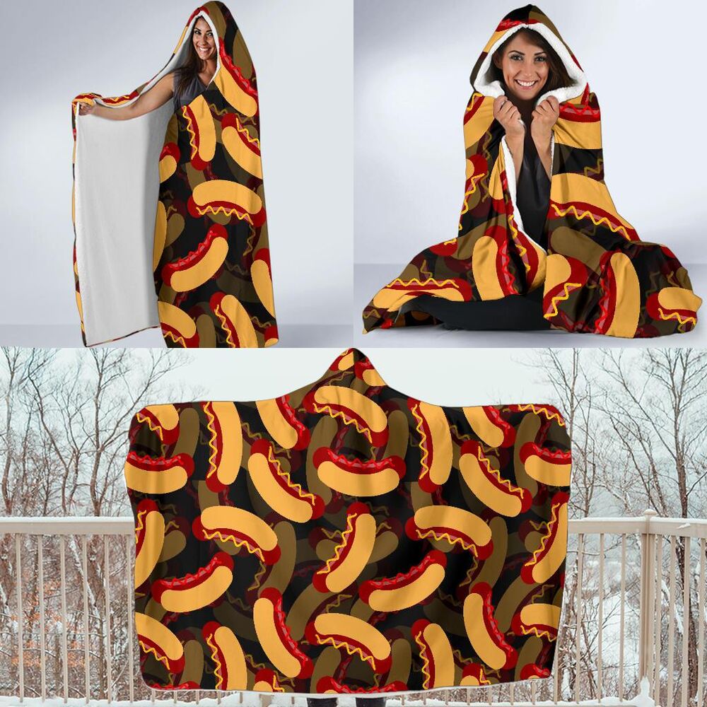 Black Hot Dog Pattern Print Hooded Blanket Cloak Blanket black hot dog pattern print hooded blanket cloak blanket 2947
