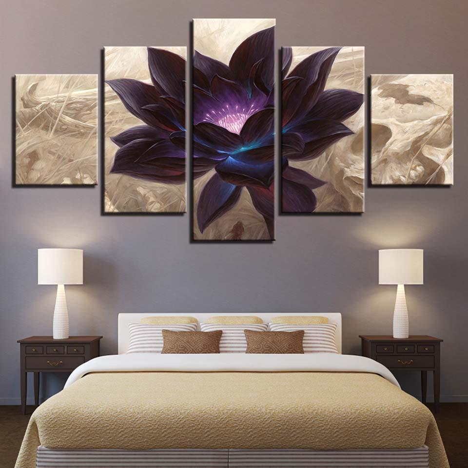 black lotus abstract flower nature 5 panel canvas art wall decor 5226