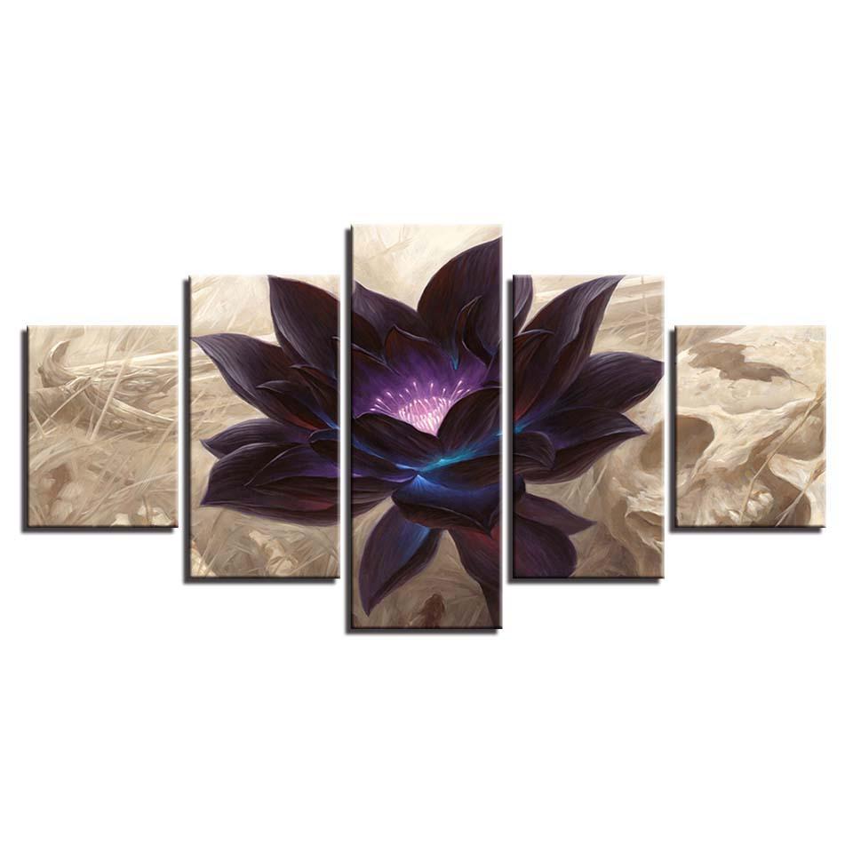 black lotus abstract flower nature 5 panel canvas art wall decor 6311