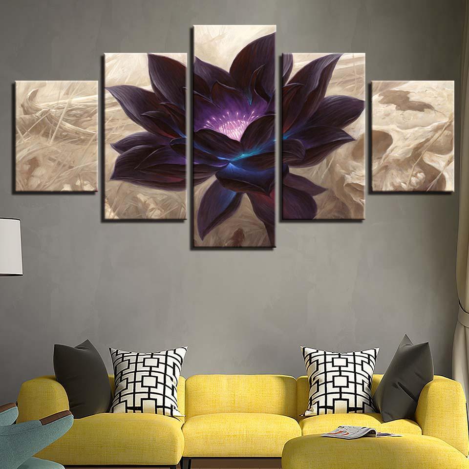 black lotus abstract flower nature 5 panel canvas art wall decor 7581