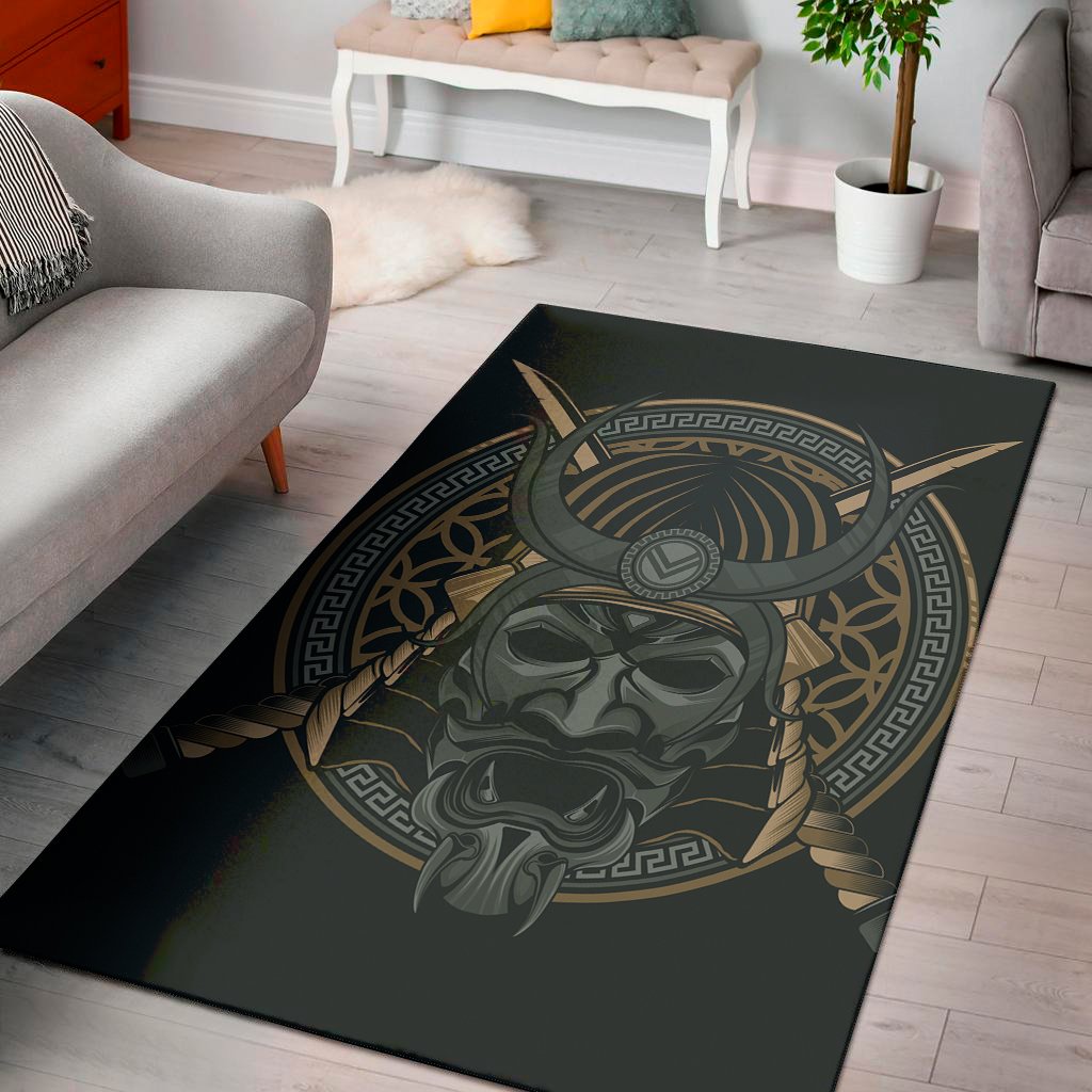 black samurai mask print area rug floor decor 1268