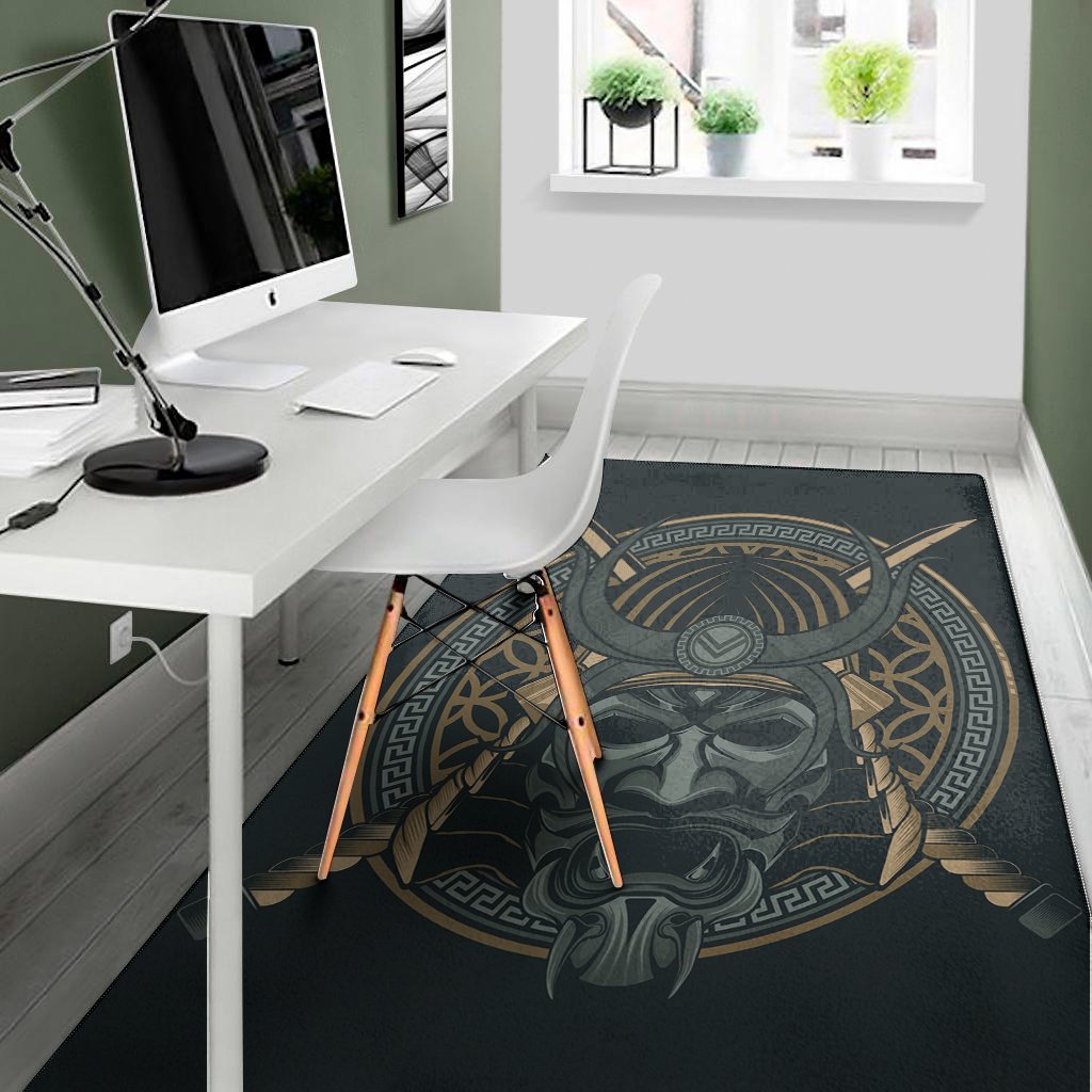 black samurai mask print area rug floor decor 2302