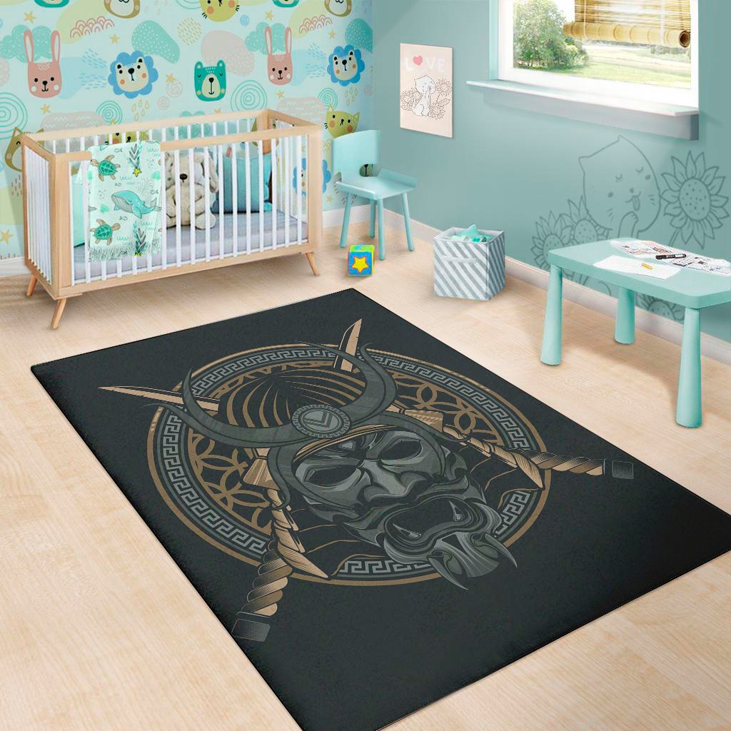black samurai mask print area rug floor decor 6986