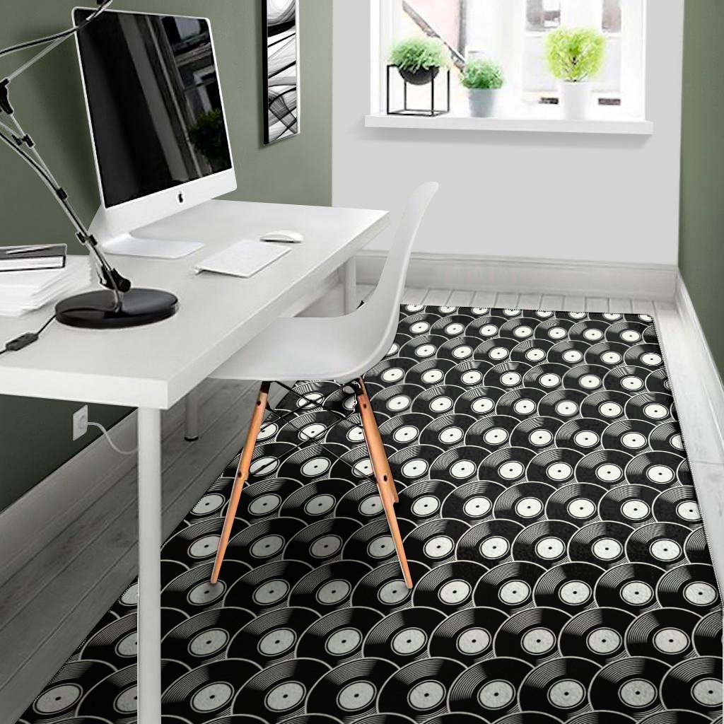 black vinyl record pattern print area rug floor decor 7045