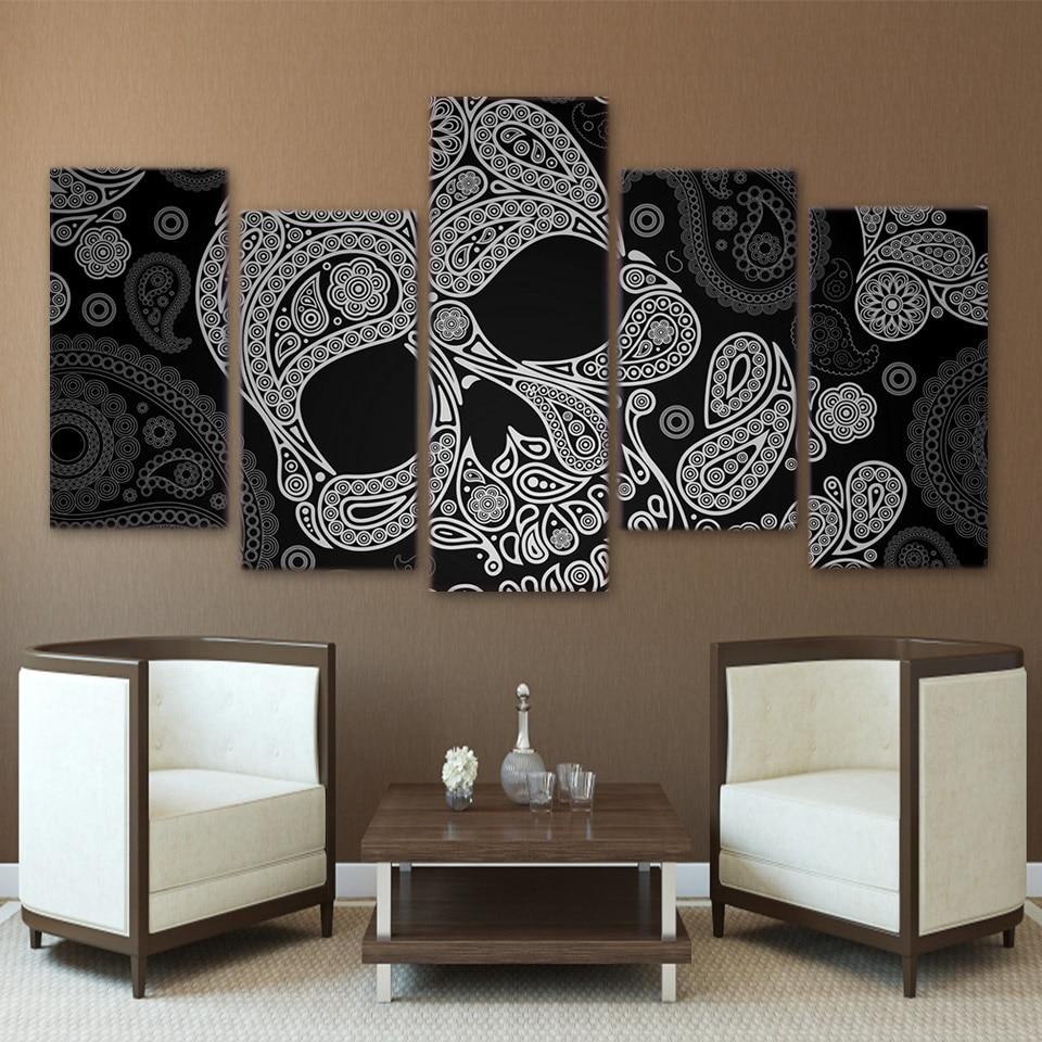 black white skull skeleton abstract 5 panel canvas art wall decor 6043
