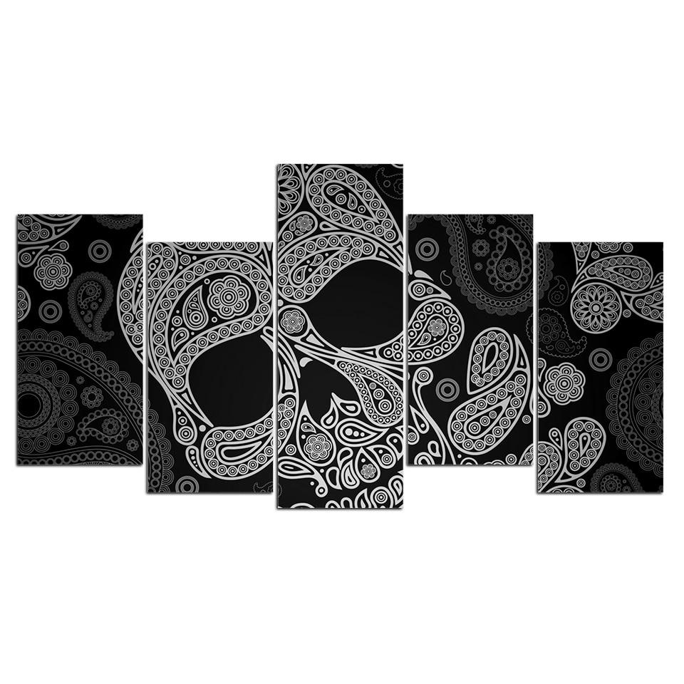 black white skull skeleton abstract 5 panel canvas art wall decor 7251