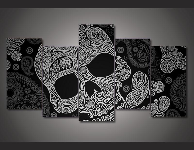 black white skull skeleton abstract 5 panel canvas art wall decor 8619