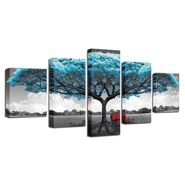 Blue Big Teal Blue Tree Red - Abstract 5 Panel Canvas Art Wall Decor blue big teal blue tree red abstract 5 panel canvas art wall decor 1493