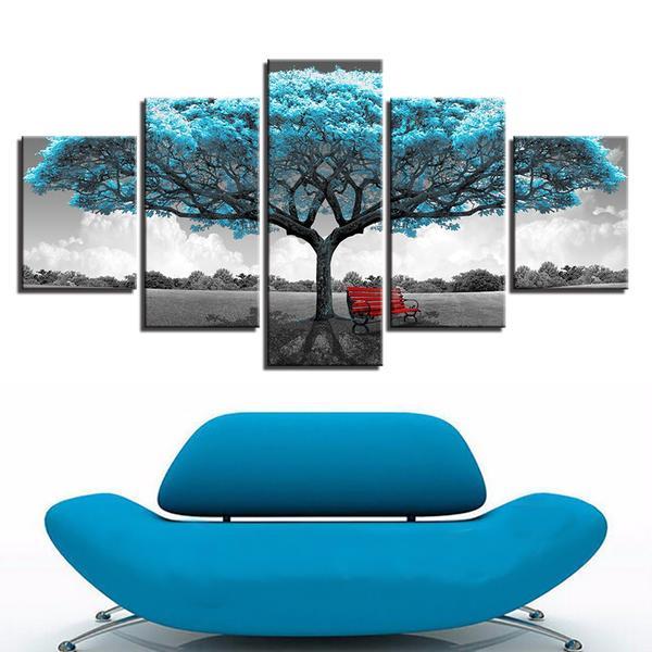 Blue Big Teal Blue Tree Red - Abstract 5 Panel Canvas Art Wall Decor blue big teal blue tree red abstract 5 panel canvas art wall decor 5137