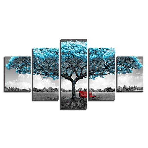 Blue Big Teal Blue Tree Red - Abstract 5 Panel Canvas Art Wall Decor blue big teal blue tree red abstract 5 panel canvas art wall decor 8090
