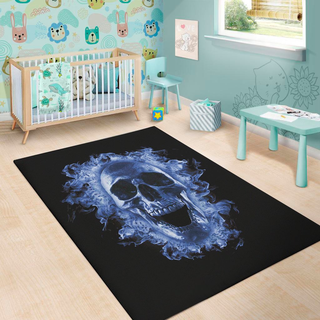 blue flaming skull print area rug floor decor 1333