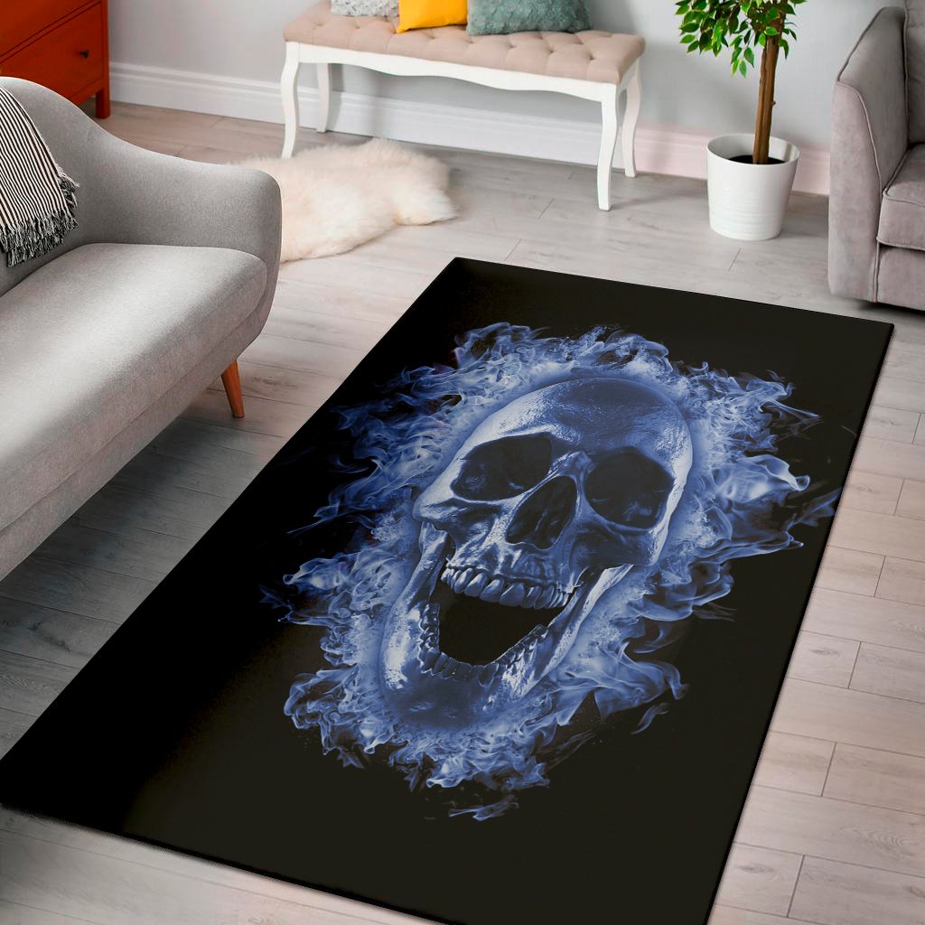 blue flaming skull print area rug floor decor 4826